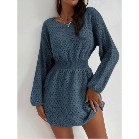 Blue Knit Batwing Long Sleeve Fitted Waist Mini Short Winter Dress - Picture 4 of 9